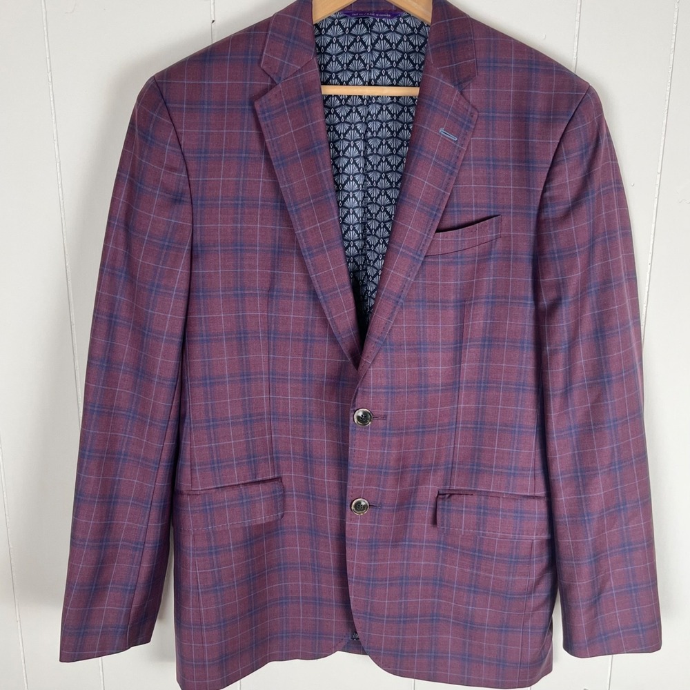 Ted Baker London Endurance Wool Windowpane Plaid Blazer Sport Coat 40R Burgundy